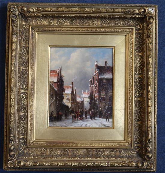 Petrus Gerardus Vertin (1819-1893) View of the old church, Amsterdam and Street scene in the snow 8 x 6.5in.